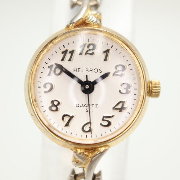 Vintage Helbros Round Gold Tone Cocktail 20mm Watch Silver Stretch w New Battery - Picture 7 of 13